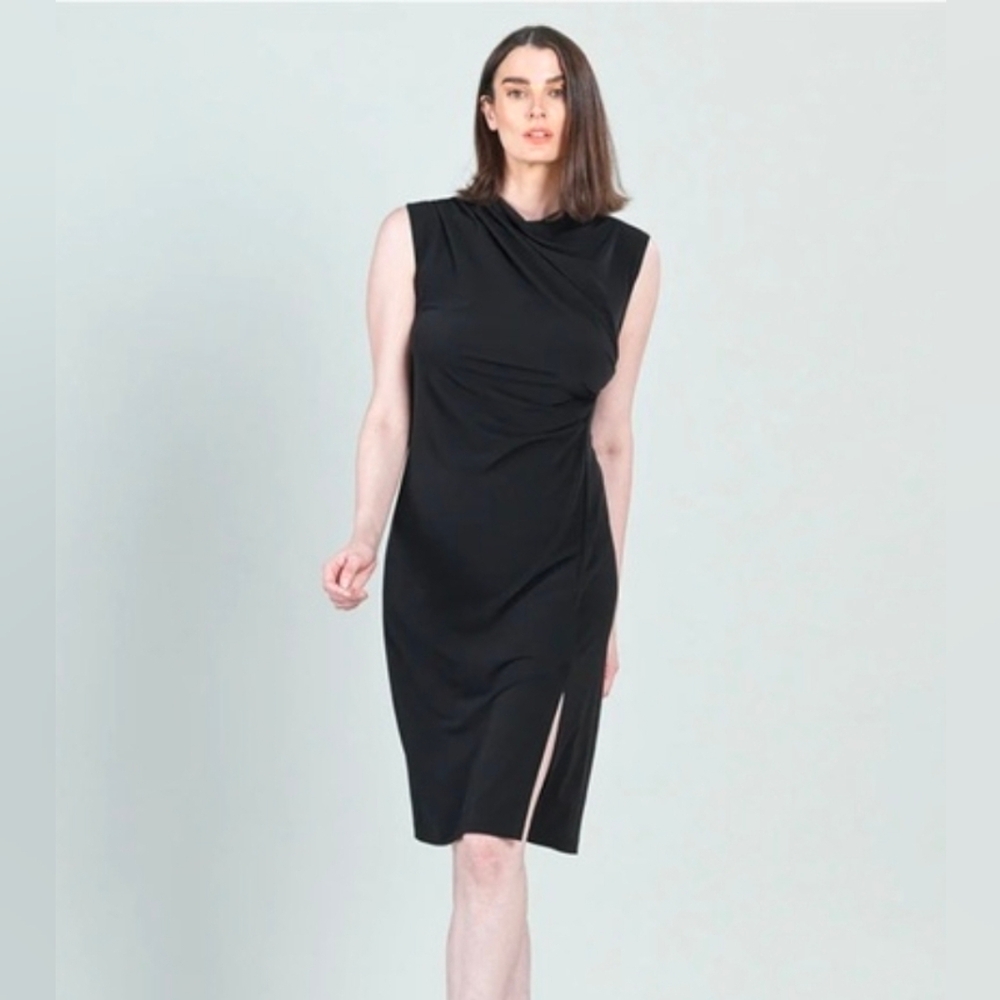CLARA SUNWOO Black Sleeveless Ruched Midi Dress with Side Slit Detail M